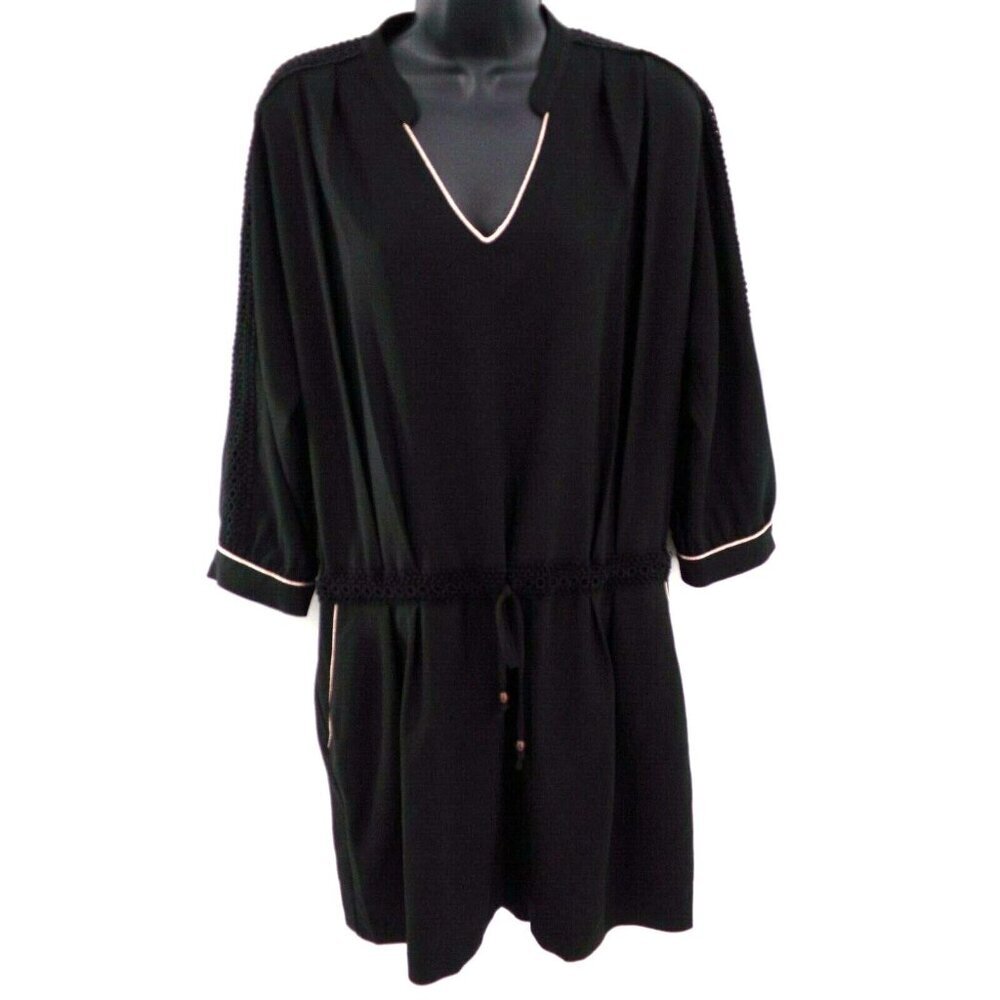 Maison Jules‎ Romper Medium Black Appliqué Drawstring Button Down Long Sleeve